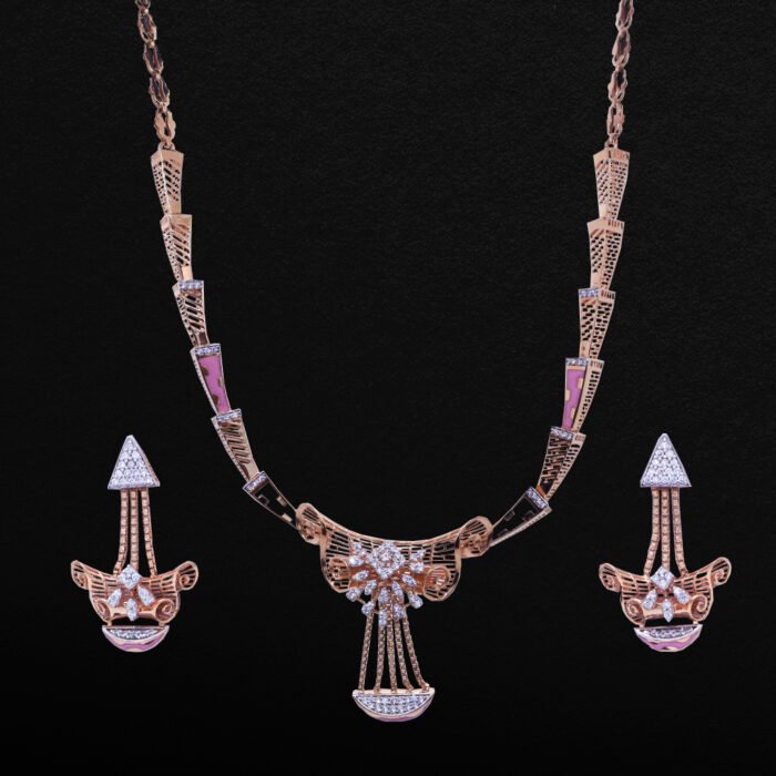 18KT Rose Gold and Diamond Fluid Necklace with Earrings - Image 1
