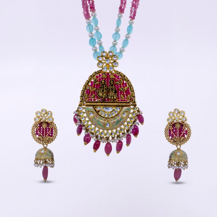 22KT Gold Timeless Temple Pendant Set with Meenakari - Image 1
